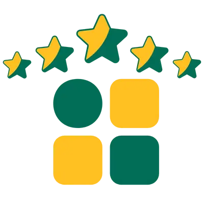 A graphic with five stars in varying sizes above a set of four abstract blocks, two green circles, and two yellow squares, representing a rating system commonly used in AI app reviews.