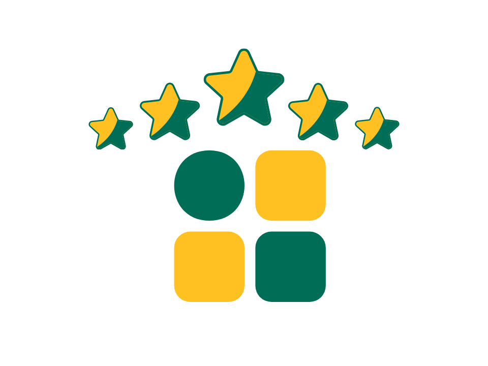 A graphic with five stars in varying sizes above a set of four abstract blocks, two green circles, and two yellow squares, representing a rating system commonly used in AI app reviews.