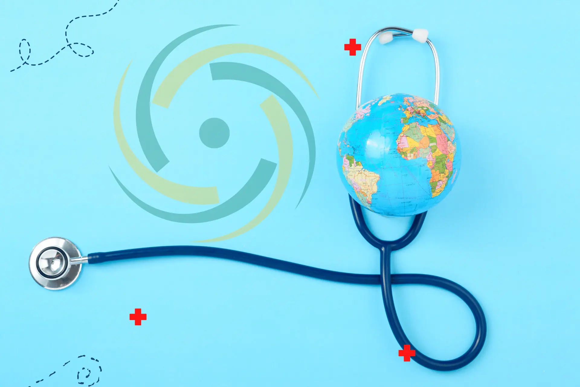 A stethoscope placed on a globe with red plus signs and an abstract digital design in the background, symbolizing AI tools for healthcare.