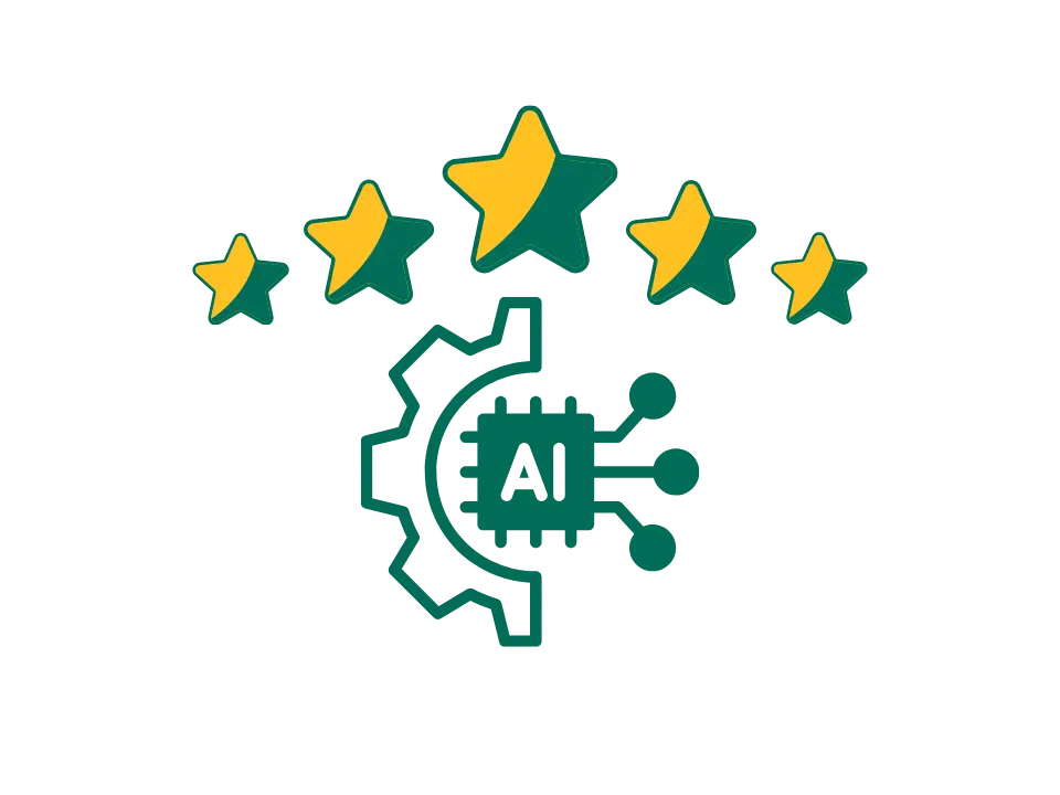 A graphic image featuring a central gear icon with an "AI" symbol inside, surrounded by five stars, suggesting a rating for AI tools reviews.