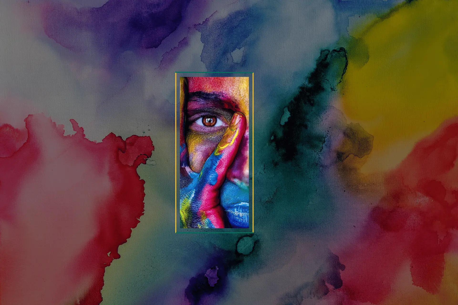 A vibrant artwork featuring a close-up of a person's face partially covered by a hand, both painted in bright, multicolored hues against an abstract background of watercolor splashes in red, blue, yellow, and green tones. The image evokes a sense of creativity and the fusion of art and technology, relevant to CREATIVITY AI APPS.