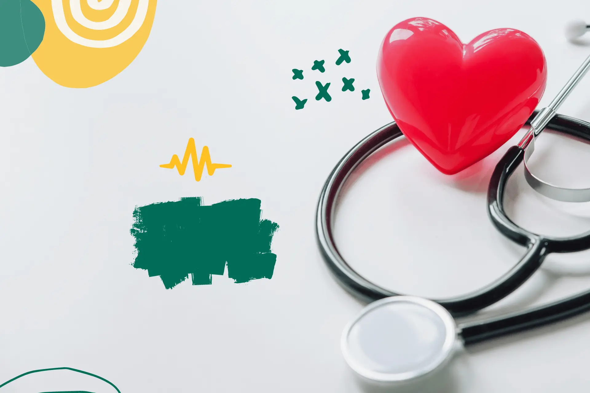 A red heart-shaped object, a stethoscope, and various abstract shapes including a green brush stroke, yellow circles with a spiral pattern, and small green crosses.