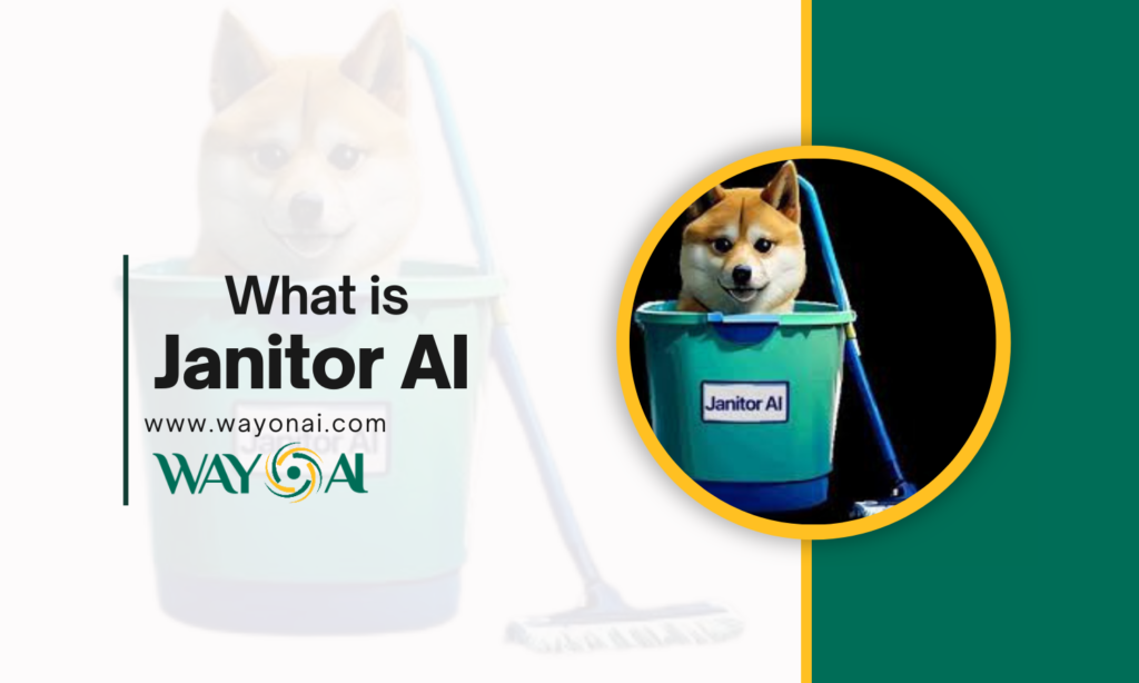 A green cleaning bucket labeled "Janitor AI" with a mop handle sticking out, accompanied by the text "What is Janitor AI" and the website URL "www.wayonai.com.